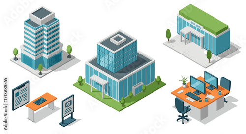 Modern isometric office design concepts featuring architecture and workspace layouts