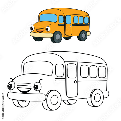 A cheerful cartoon school bus with big friendly eyes, smiling front, and kids inside, ready for a fun ride—perfect for a playful, easy-to-color page.
