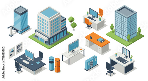 Modern isometric office buildings and workspaces with computer desks and furniture