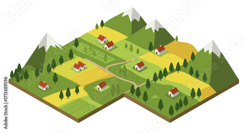 Isometric rural landscape with fields and houses in mountain valley