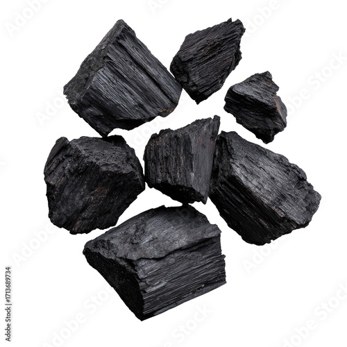 Dark, chunky charcoal pieces clustered