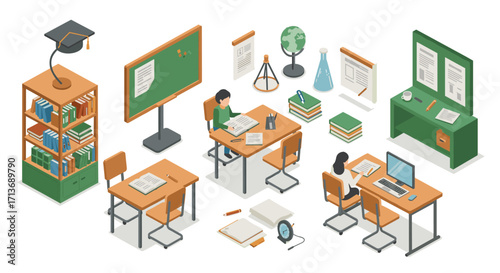 Isometric classroom with students and educational tools in modern study environment