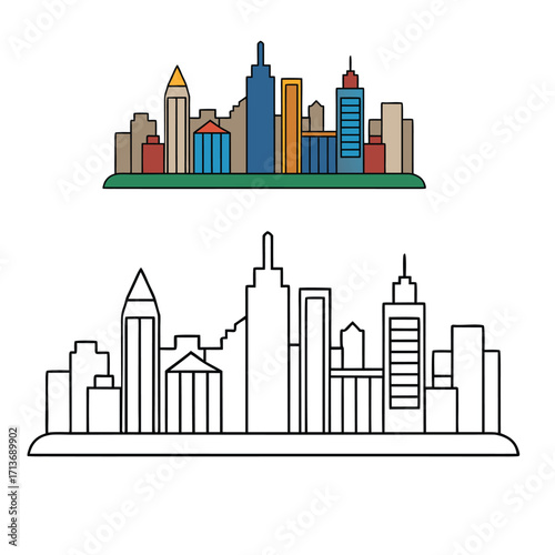 A detailed city skyline coloring page featuring tall skyscrapers, bridges, and urban architecture, perfect for relaxing, creative coloring and imaginative city scenes.
