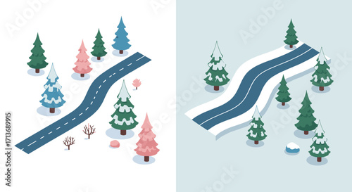 Isometric seasonal trees and curved road in winter and autumn scenes