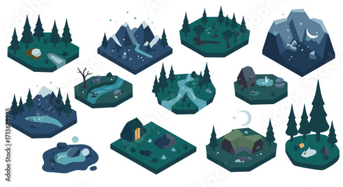 Mystical nighttime landscapes with isometric hexagonal forest scenes