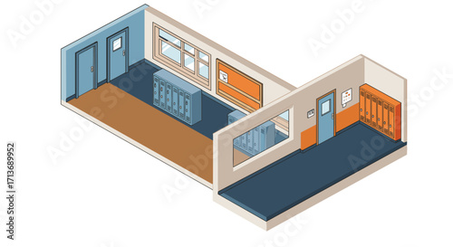 Isometric school hallway with lockers and doors in detailed interior