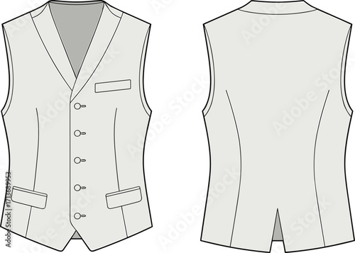 Men’s formal vest front and back view, technical flat sketch, CAD apparel design, vector fashion illustration for tailoring, clothing pattern.