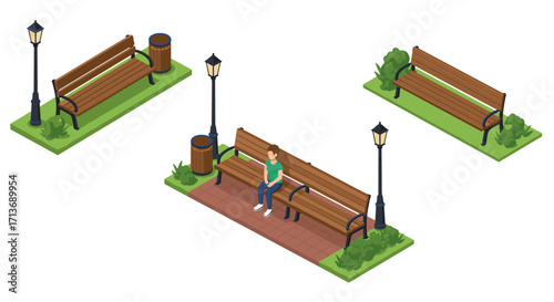 Isometric park benches and lamp posts with sitting person in green space