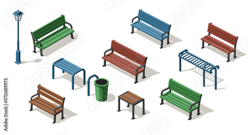 Isometric park furniture set with benches, lamp, and table design variations