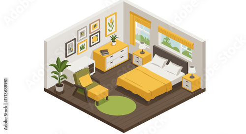 Cozy isometric bedroom design with modern furniture and decor