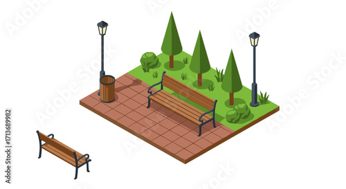 Isometric park scene with benches, trees, and street lamps on a paved pathway