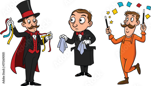 Cartoon magicians performing magic tricks, stage entertainers with props, illusion show characters, colorful costumes, performance art, entertainment, fantasy, creativity, fun, spectacle