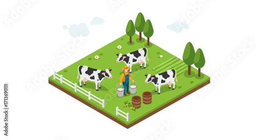 Isometric farm scene: cows grazing with farmer in lush pasture