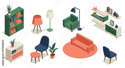 Modern isometric furniture collection with chairs, tables, and lamps