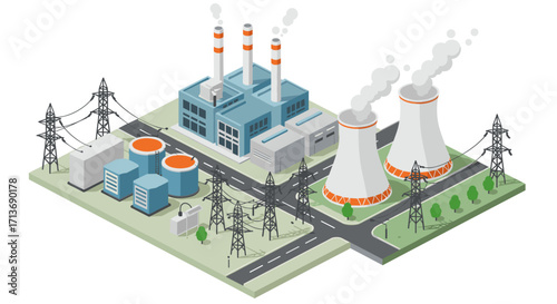 Isometric power plant with nuclear and industrial structures on green landscape
