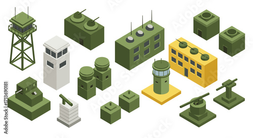 Isometric military buildings set with watchtowers and bunkers in green tones