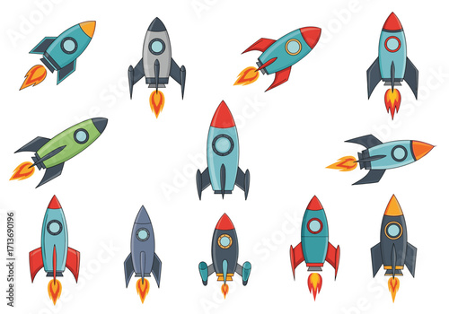 A collection of colorful cartoon rockets launching into the sky with fiery exhaust.
