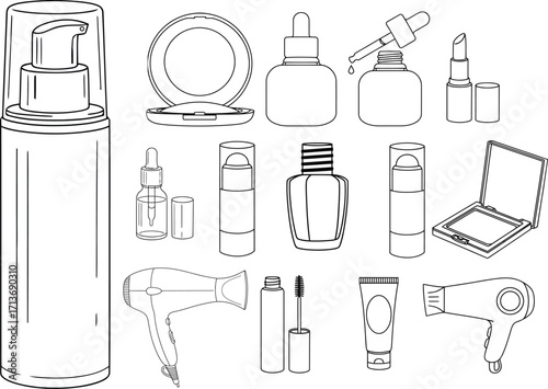 Set of Beauty and Cosmetic Line Icons with Makeup, Skincare, and Haircare Products