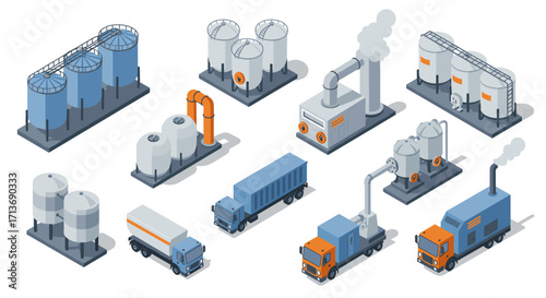 Isometric industrial plant icons with trucks and storage tanks