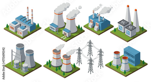 Isometric power plants set with cooling towers and energy towers