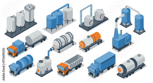 Isometric industrial equipment and vehicles for transport and storage solutions