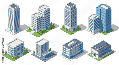 Modern isometric office buildings collection featuring urban architecture