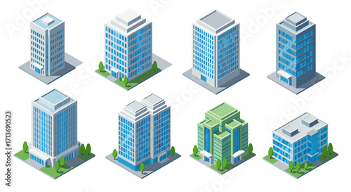 Isometric urban buildings collection with green spaces for architecture design