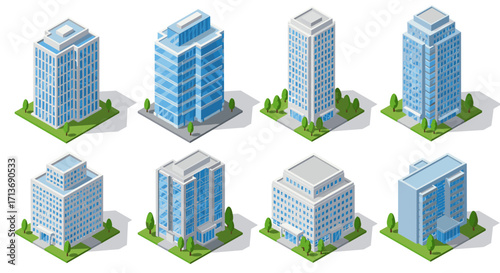 Isometric modern office buildings collection with green landscape elements
