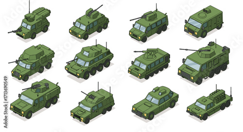 Isometric green military vehicles collection in side view