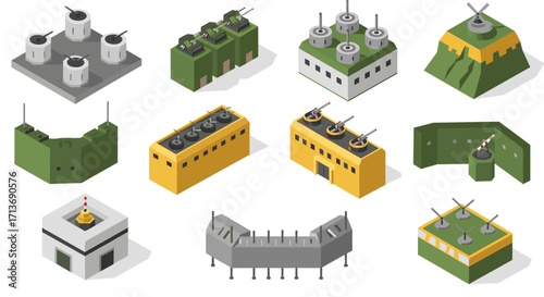 Isometric military bunkers and defense structures in various designs