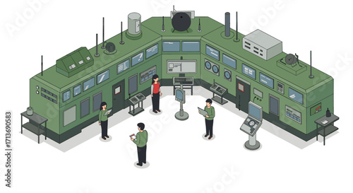 Isometric control room with engineers operating machinery in modern industrial setting