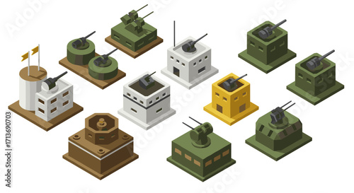 Isometric military defense structures with cannons in various colors