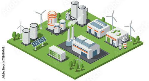 Sustainable energy isometric design featuring wind turbines, solar panels, and industrial buildings