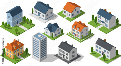 Isometric urban landscape with diverse residential buildings and skyscraper