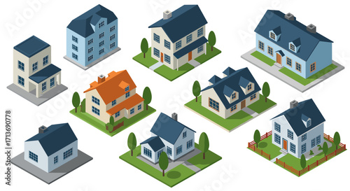Charming isometric houses collection with diverse architectural designs