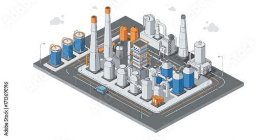 Isometric modern industrial plant with smokestacks and storage tanks