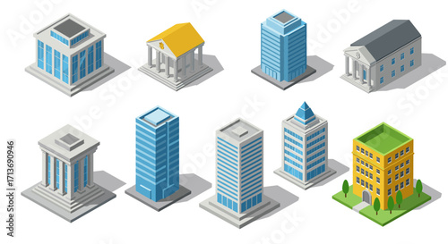 Isometric cityscape set with diverse buildings and modern architecture