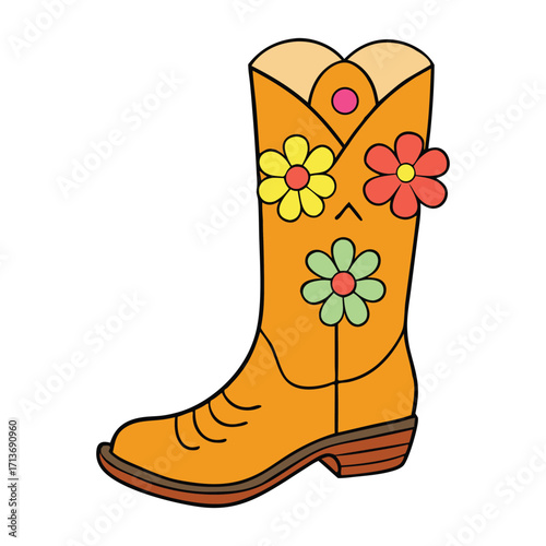 A charming cowboy boot filled with vibrant wildflowers, blending rustic Western style with cheerful, colorful blooms for a playful, nature-inspired look.
