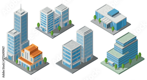 Isometric cityscape buildings collection with detailed modern architecture