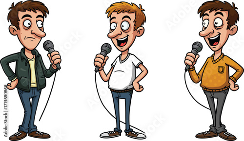 Cartoon male speakers with microphones, casual and formal outfits, public speaking characters, performance, entertainment, stand‑up comedy, presentation, show, event, communication