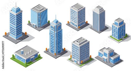 Isometric urban buildings collection with trees and rooftop elements