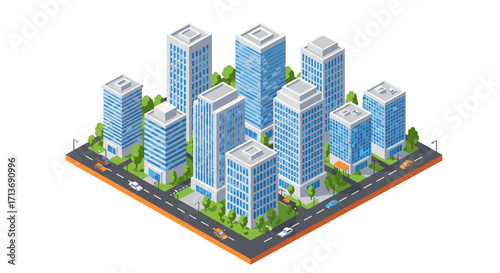 Modern urban cityscape with tall buildings and streets in isometric style