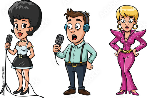 Cartoon singers with microphones, male and female performers, music show characters, retro style, pop star, concert, entertainment, stage performance, vocal talent, glamour