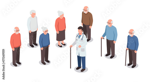 Doctor engaging with senior patients in an isometric style on a white background