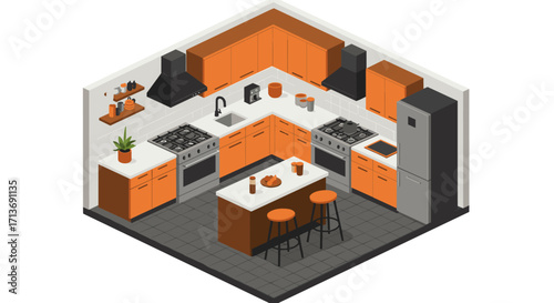 Modern isometric kitchen design with orange cabinets and appliances