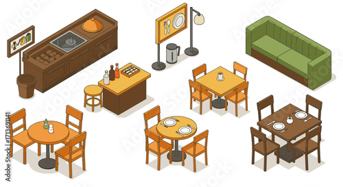Cozy isometric cafe interior with dining tables and kitchen elements