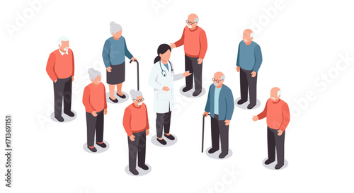 Healthcare professional engaging with elderly group in isometric design