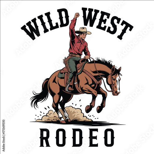 Wild West Cowboy Riding Bucking Horse Rodeo Vintage Western Illustration
