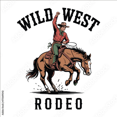 Wild West Cowboy Riding Bucking Horse Rodeo Vintage Western Illustration