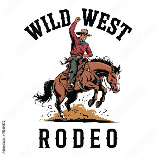 Wild West Cowboy Riding Bucking Horse Rodeo Vintage Western Illustration